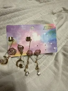 Authentic Sweet Society Heart Planet and Star Dangling Earrings Pink and Fake Gold Plated
