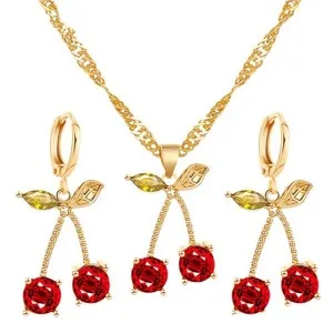Authentic Red Cherry Crystal Jewelry Set Gold Plated Dainty Sweet 1.18 inches,