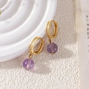 Authentic Sweet Purple Bead Earrings Gold Plated Round Dangle Drop Modern Jewelry