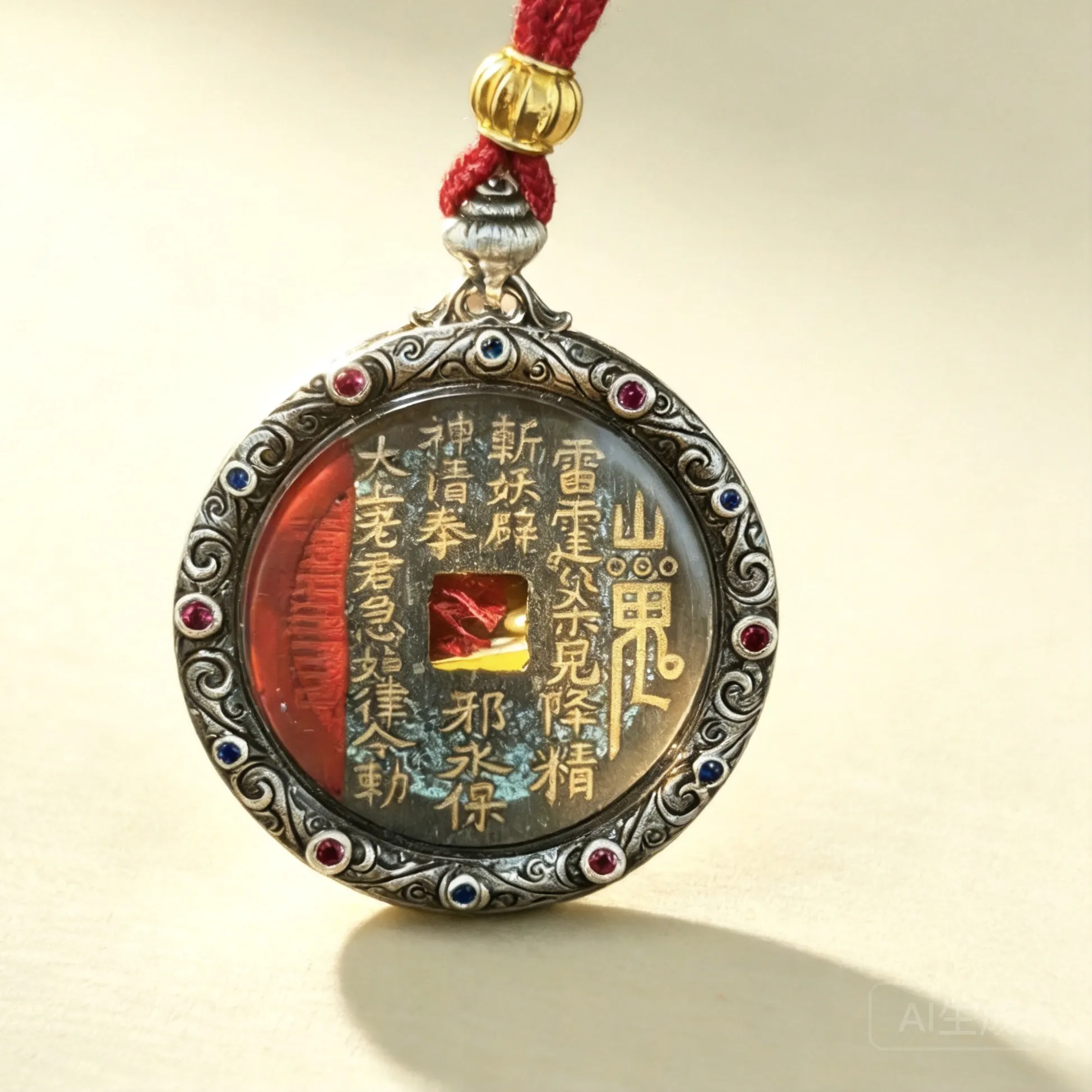 Authentic Ancient Cinnabar Mountain Ghost Coin Amulet with Lucky Red Cord and Gold-Plated Protection Charm