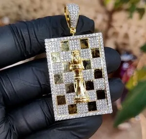 Authentic 2Ct Round Lab Created Diamond Chess King Pendant 14K Yellow Gold Plated Silver