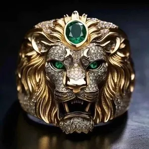 Authentic 4 Ct Round Cut White Moissanite Men's Lion King Ring 14K Yellow Gold Plated