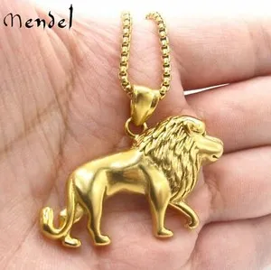Authentic MENDEL Mens Gold Plated Lion Head King Pendant Necklace For Men.