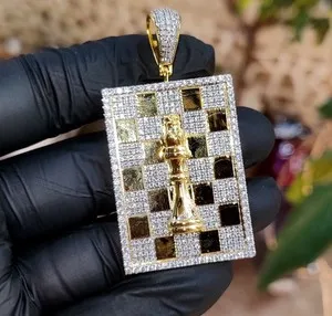 Authentic 2Ct Round Lab Created Diamond Chess King Pendant 14K Yellow Gold Plated Silver
