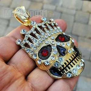Authentic Iced Gold plated Cubic Zirconia King Skull Pendant & Marina Chain Necklace