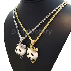 Authentic Gold Plated Cubic Zirconia Iced Panda King Pendant 24" Rope Chain Necklace