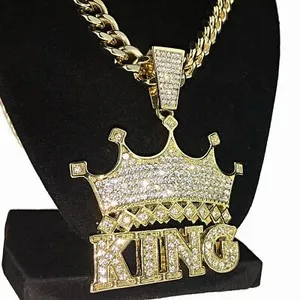Authentic Men's 14K Gold Plated Crown King Hip Hop Pendant Iced CZ Cuban Link Chain 30"