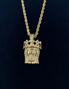 Authentic Jesus Crown Christ King 1.75” CZ Pendant & 24” Rope Chain Necklace Gold Plated