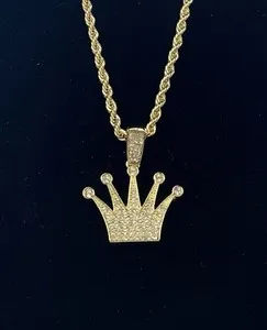 Authentic Crown King 1.5” CZ Pendant & 24” Rope Chain Necklace Gold Plated