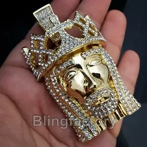 Authentic HIP HOP ICED 14K GOLD PLATED BLING LAB DIAMOND LARGE KING JESUS HEAD PENDANT