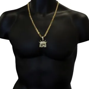 Authentic Mens 14k Gold Plated Hip Hop KING Pendant Cubic-Zirconia Cuban Chain 24" 30"