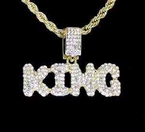 Authentic Iced King Rhinestone Pendant 24" Rope Chain 14k Gold Plated Hip Hop