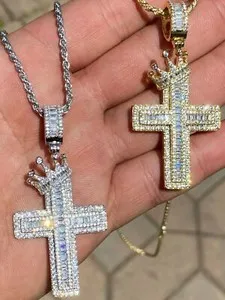 Authentic 925 Sterling Silver 14k Gold Plated Baguette CZ Cross W. King Crown Pendant Iced