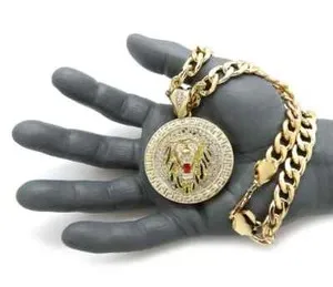Authentic Hip Hop Gold Plated Cubic Zirconia King Lion Pendant Cuban Chain Necklace