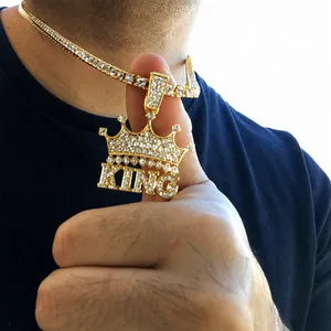 Authentic 14k Gold Plated Crown King Pendant Tennis Chain Iced Bling Out CZ Necklace 24"