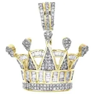 Authentic 14K Yellow Gold Plated Men's 2Ct Lab Created Baguette Diamond King Crown Pendant
