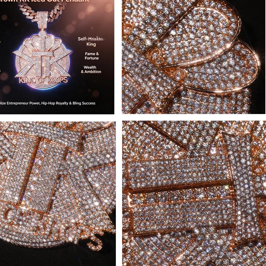 Authentic Iced Out King of Kings Crown KK Pendant Star Edges Ambition Round Medal Wealth Fortune 18K Rose Gold Plated Cubic Zirconia Hip Hop Necklace Accessories Bling Fine Jewelry Gifts for Men Girl Boy Friends Rappers Entrepreneurs Street