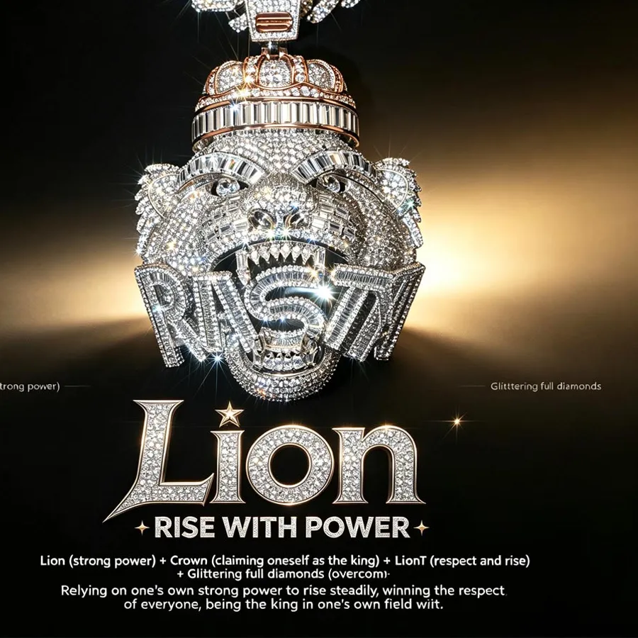Authentic Bling Iced Out Lion Pendant 18K Gold Plated Full Diamond Strong Power Meaning Crown Tag Full Cubic Zirconia Growing Fortune Lion King Symbol of Power Hip Hop Punk Necklace Accessories Fine Jewelry Gifts for Men Boy Friends