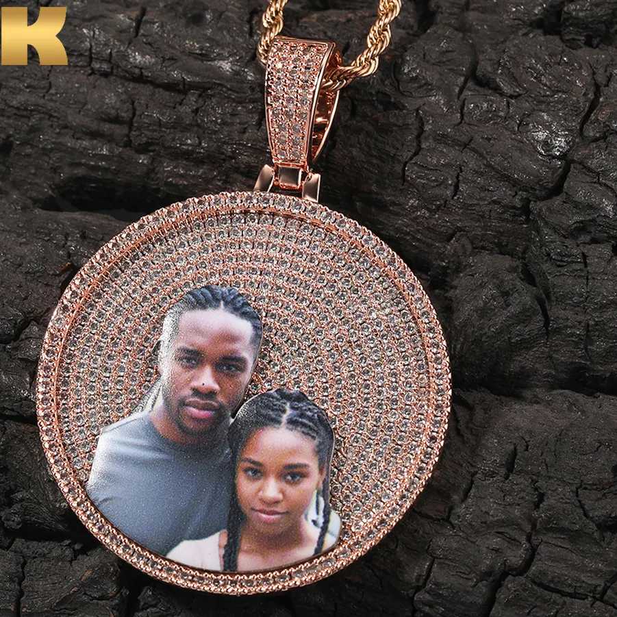 Authentic THE BLING KING 3 Sizes Round Medallion Custom Memory Photo Pendant Necklace Paved CZ Engrave Back Men Women Hiphop Jewelry