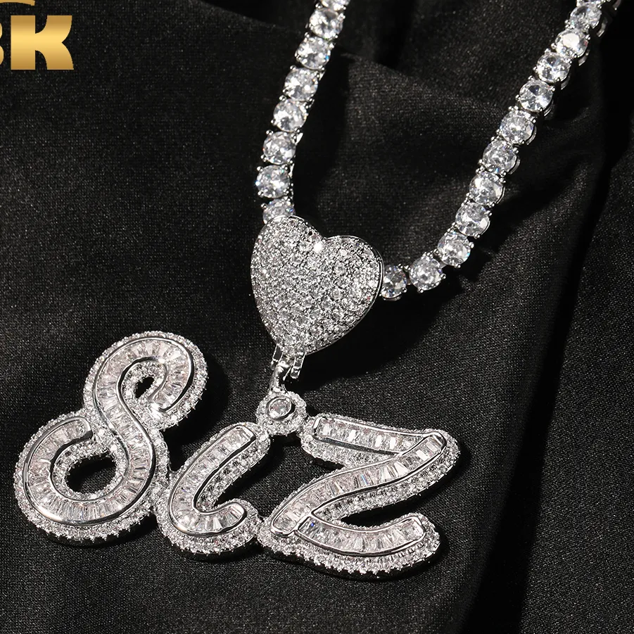 Authentic THE BLING KING Custom Baguettecz Script Name Pendant With Heart Clasp Necklace Iced Out Cubic Zirconia Necklace Hiphop Jewelry