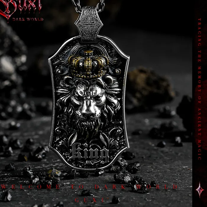 Authentic Punk dark style 925 silver necklace for men, trendy and classy sense of designniche style lion king crown pendant retro