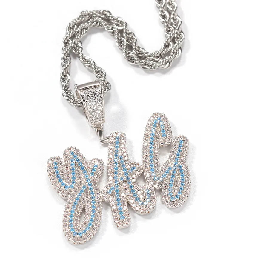 Authentic THE BLING KING Silver Color DIY Middle Blue Orange Stones Double Layer Brush Letters Name Pendant Personalised Shinning