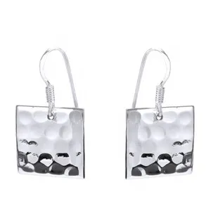 Authentic Hammered Texture Square Modern Earrings 14K White Gold Plated Silver
