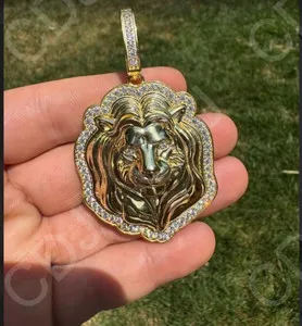 Authentic VVS Moissanite For Men's Stunning Tiger Pendant Yellow Gold Plated Silver