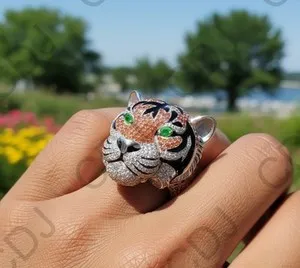Authentic Lab Created Diamond Multi-Stone Tiger Face Ring In 14k White Gold Plated Silver