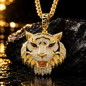 Authentic Mens Tiger Pendant 925 Sterling Silver VVS Moissanite 14k Yellow Gold Plated