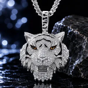 Authentic Mens Tiger Pendant 925 Sterling Silver VVS Moissanite 14k White Gold Plated