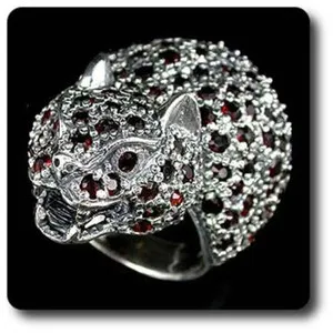Authentic Garnet Ring. Tiger Shaped 925 Silver + 14K White Gold Plated.
