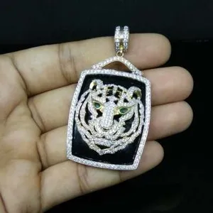 Authentic 1.65ct Cubic Zirconia mens Tiger Dog Tag Pendant in Yellow Gold Plated Silver