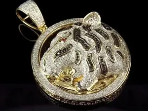 Authentic Men's Tiger Face Pendant 14K Yellow Gold Plated 2.60Ct Round Cut Moissanite