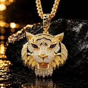 Authentic 4TCW Round Lab Created Diamond Men's Tiger Fac Pendant 14k Yellow Gold Plated