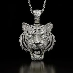 Authentic Tiger Face Men's 2.30Ct Round Cut Real Moissanite Pendant 14K White Gold Plated