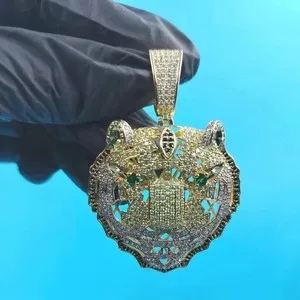 Authentic Men's 2.20Ct Round Cut Real Moissanite Tiger Face Pendant 14K Yellow Gold Plated