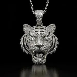Authentic 3.20Ct Round Cut Real Moissanite Tiger Face Men's Pendant 14K White Gold Plated