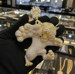 Authentic 5AAA+ CZ Hip Hop Ice Out Bling Angry Tiger Pendant 14k Gold Plated
