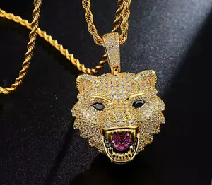 Authentic 2.50Ct Round Cut Real Moissanite Tiger Head Charm Pendant 14K Yellow Gold Plated