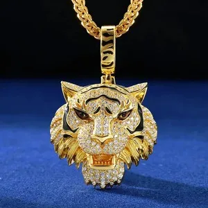 Authentic 4TCW Round Lab Created Diamond Men's Tiger Fac Pendant 14k Yellow Gold Plated
