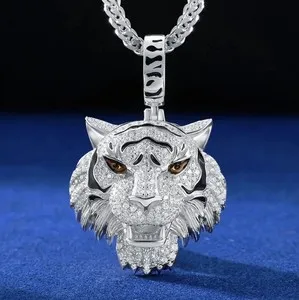 Authentic 4TCW Round Lab Created Diamond Men's Tiger Face Pendant 14k White Gold Plated