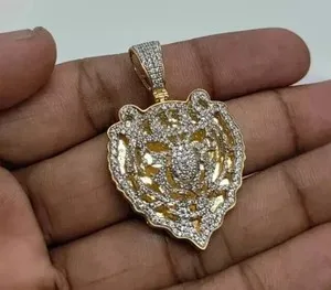 Authentic Tiger Head Charm Pendant 1.50Ct Round Cut Real Moissanite 14K Yellow Gold Plated