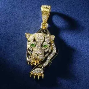 Authentic Lab-Created Diamond 2Ct Round Cut Men's Tiger Only Pendant 14KYellow Gold Plated