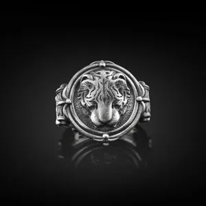 Authentic 925 Sterling Silver Tiger Head Animal Mens Signet Ring
