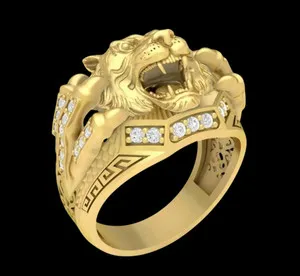 Authentic Tiger Head Ring 14K Yellow Gold Plated Moissanite Biker Statement Ring All Sizes