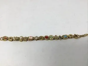 Authentic Gold Plated Vintage Cameo Slider Bracelet Multi Stones & Pearls 8"IN