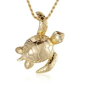 Authentic YELLOW GOLD PLATED SILVER 925 SHINY 3D HAWAIIAN SEA TURTLE SLIDER PENDANT