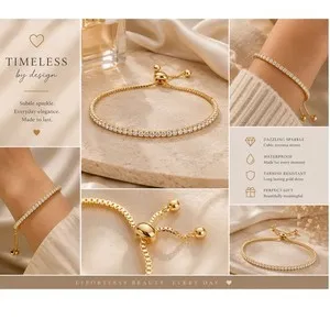 Authentic 18K Gold Plated Tennis Bracelet Cubic Zirconia Adjustable Slider