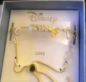 Authentic Disney BRACELET Love MINNIE MOUSE CZ ID/Paper Clip Chain Bolo/Slider Gold Plated